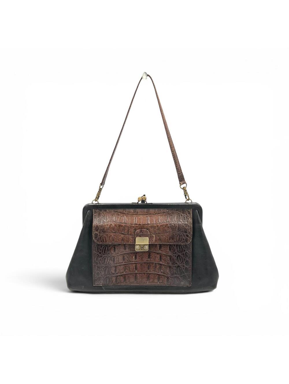 Vintage Black and Brown Leather Shoulder Bag with Croc Embossed Front Pocket